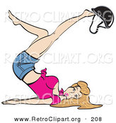 Retro Clipart of a Pretty Blond Woman with Dirty Blond Hair, Lying on Her Back and Kicking Her Legs up While Playing with a Helmet on Her Feet by Andy Nortnik