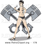 Retro Clipart of a Pretty Brunette Woman in a Black and White Polka Dot Bikini and High Heels, Holding a Wrench and Looking Back While Standing in Front of a Piston by Andy Nortnik