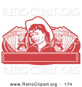 Retro Clipart of a Pretty Cowgirl in Red with a Mole, Wearing a Hat and Standing Between Hands of Playing Cards on a Red Banner by Andy Nortnik