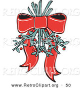 Retro Clipart of a Pretty Red Ribbon Hanging Mistletoe Upside down for People to Kiss Under Retro by Andy Nortnik