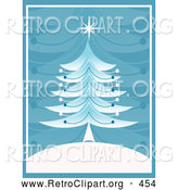 Retro Clipart of a Pretty Retro Christmas Tree with a Star on Top, on a White Hill with a Blue Branch Patterned Background by KJ Pargeter