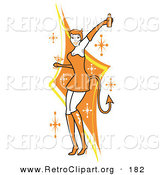 Retro Clipart of a Pretty White Woman in a Tight Orange Dress, Gloves and Tall Boots and Forked Devil Tail, Dancing While Drinking at a Halloween Party by Andy Nortnik