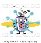 Retro Clipart of a Purple Cup Holding Fountain Soda and a Straw on a Blue and Yellow Background by Andy Nortnik