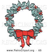 Retro Clipart of a Red Bow on a Christmas Wreath Made of Holly over White by Andy Nortnik