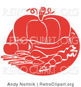 Retro Clipart of a Red Food Still Life of Beets or Radishes, a Carrot, Eggplant, Tomatoes and a Pumpkin by Andy Nortnik