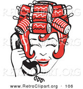 Retro Clipart of a Red Haired Happy Housewife with Her Hair up in Curlers, Laughing While Talking on a Landline Telephone by Andy Nortnik