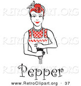 Retro Clipart of a Red Haired Housewife or Maid Woman Grinding Fresh Pepper While Cooking, with Text Underneath by Andy Nortnik