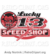 Retro Clipart of a Red Horned Devil Man on a Lucky 13 Speed Shop Advertisement Logo by Andy Nortnik