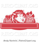 Retro Clipart of a Red Pretty Shedevil with a Mole and Horns over a Blank Banner by Andy Nortnik