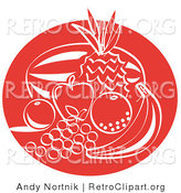 Retro Clipart of a Red Silhouette of Fruit Still Life with a Watermelon, Pineapple, Apple, Orange, Lemon, Grapes and Banana Clipart Illustration by Andy Nortnik
