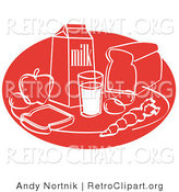 Retro Clipart of a Red Still Life of Food Including Eggs, Apple, Carton of Milk, Glass of Milk, Sliced Bread, and a Carrot by Andy Nortnik