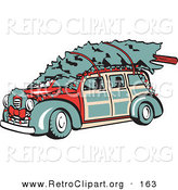 Retro Clipart of a Red Woodie Car Carrying a Christmas Tree on the Roof, Decorated in Christmas Lights and a Wreath and Driving Left by Andy Nortnik