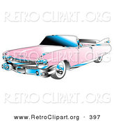 Retro Clipart of a Restored Pink Convertible 1959 Cadillac Car with Chrome Accents and the Top down by Andy Nortnik