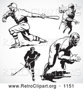 Retro Clipart of a Retro Black and White Hockey and Baseball Players by BestVector
