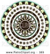 Retro Clipart of a Retro Black and Yellow Sun in the Center of a Circle of Floral Patterns over a Solid White Background by Elaineitalia
