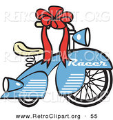 Retro Clipart of a Retro Brand New Blue Racer Tricycle Bike with a Red Ribbon in the Handlebars on White by Andy Nortnik