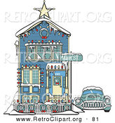 Retro Clipart of a Retro Car Covered in Snow Outside a Victorian House Decorated in Christmas Lights at 2365 Main Street Retro by Andy Nortnik