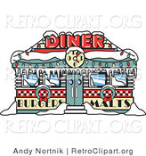 Retro Clipart of a Retro Diner in Snow, Decorated in Christmas Wreaths and Lights at Christmastime by Andy Nortnik