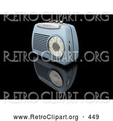 Retro Clipart of a Retro Old Fashioned Blue Radio with a Station Dial, on a Reflective Black Surface by KJ Pargeter