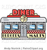 Retro Clipart of a Retro Old Fashioned Diner Building with a Clock on It and Signs Advertising Burgers and Malts by Andy Nortnik