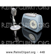 Retro Clipart of a Retro Old Fashioned Microphone and Blue Radio on a Reflective Black Surface by KJ Pargeter
