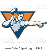 Retro Clipart of a Retro Pointing Worker Man Holding a Hammer over a Triangle by Patrimonio