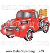 Retro Clipart of a Retro Red 1945 Ford Pickup Truck with a Spacfe Tire on the Side And, Chrome Accents, Red Wall Tires and Wooden Panels Along the Truck Bed by Andy Nortnik