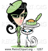 Retro Clipart of a Retro Woman in Green, Feeding Canned Food to Her Cat by Andy Nortnik