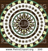 Retro Clipart of a Retro Yellow and Black Pointed Sun in the Center of Circles of Black, Yellow, and Green Floral Patterns over a Patterned Brown Background by Elaineitalia