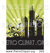 Retro Clipart of a Retro-Revival Background with City Skyscrapers with Vines, over Striped Black and Green Rays by OnFocusMedia