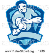 Retro Clipart of a Rugby Football Player Shield in Blue by Patrimonio