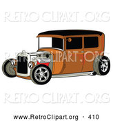 Retro Clipart of a Rust Brown Vintage Rat Rod Car with a Black Roof, Red Accents and Chrome Wheels on White by Andy Nortnik