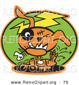 Retro Clipart of a Scary Orange Zombie Dog with Stitches and a Black Eye, Itching Fleas off of Himself and Biting a Fishbone on Green by Andy Nortnik
