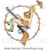 Retro Clipart of a Sexy Blond Woman in a Short Halter Top and Short Mini Skirt, Wearing Cowboy Boots and Holding up Her Hat While Riding a Pistol Gun, Surrounded by Barbed Wire by Andy Nortnik