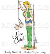 Retro Clipart of a Sexy Blond Woman in Green Fishing Gear, Holding up Her Bra in a Hook by Andy Nortnik