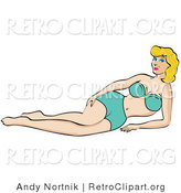 Retro Clipart of a Sexy Blond Woman Wearing a Blue Bikini and Laying Back on a Beach in the Summer by Andy Nortnik