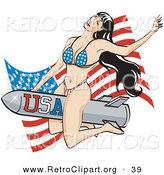 Retro Clipart of a Sexy Brunette Woman in a Stars and Stripes Bikini, Riding a USA Rocket in Front of an American Flag by Andy Nortnik