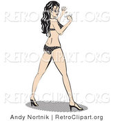 Retro Clipart of a Sexy Brunette Woman with Long Legs in a Black and White Polka Dot Bikini, Looking Back over Her Shoulder by Andy Nortnik