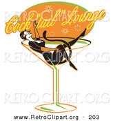 Retro Clipart of a Sexy Woman in a Cat Costume Lying in a Giant Martini Glass at a Cocktail Lounge by Andy Nortnik