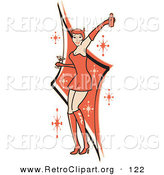 Retro Clipart of a Sexy Woman in a Tight Red Dress, Gloves and Tall Boots and Forked Devil Tail, Dancing While Drinking at a Party by Andy Nortnik
