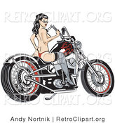 Retro Clipart of a Sexy, Young Topless Brunette Woman in a Red Thong, Stockings and Heels, Looking Back over Her Shoulder and Holding a Wrench and Sitting on a Motorcycle by Andy Nortnik