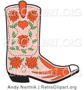 Retro Clipart of a Single Pink Cowgirl Boot with a Pattern of Red Roses by Andy Nortnik