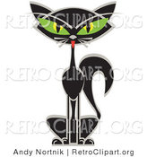 Retro Clipart of a Sitting Black Siamese Cat with Big Green Eyes by Andy Nortnik