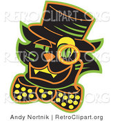 Retro Clipart of a Smiling Black Cat Wearing a Hat and a Bow and a Monacle over His Eye by Andy Nortnik