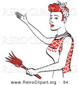 Retro Clipart of a Smiling Red Haired Housewife or Maid Woman Wearing an Apron While Singing and Dancing and Using a Feather Duster by Andy Nortnik