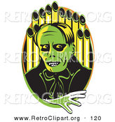 Retro Clipart of a Spooky Green Phantom Standing in Front of Pipes of an Organ by Andy Nortnik