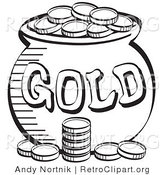 Retro Clipart of a Stack of Coins near a Cauldron of Leprechaun's Gold, Black and White by Andy Nortnik