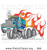 Retro Clipart of a Tough Big Rig Hot Rod Semi Truck Flaming and Smoking Its Rear Tires Doing a Burnout in Flames and a Wheelie by Andy Nortnik
