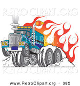 Retro Clipart of a Tough Big Rig Hot Rod Truck Flaming and Smoking Its Rear Tires Doing a Burnout in Flames and a Wheelie in the Street by Andy Nortnik
