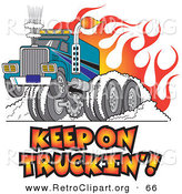 Retro Clipart of a Tough Big Rig Hot Rod Truck Flaming and Smoking Its Rear Tires Doing a Burnout in Flames and a Wheelie on White by Andy Nortnik